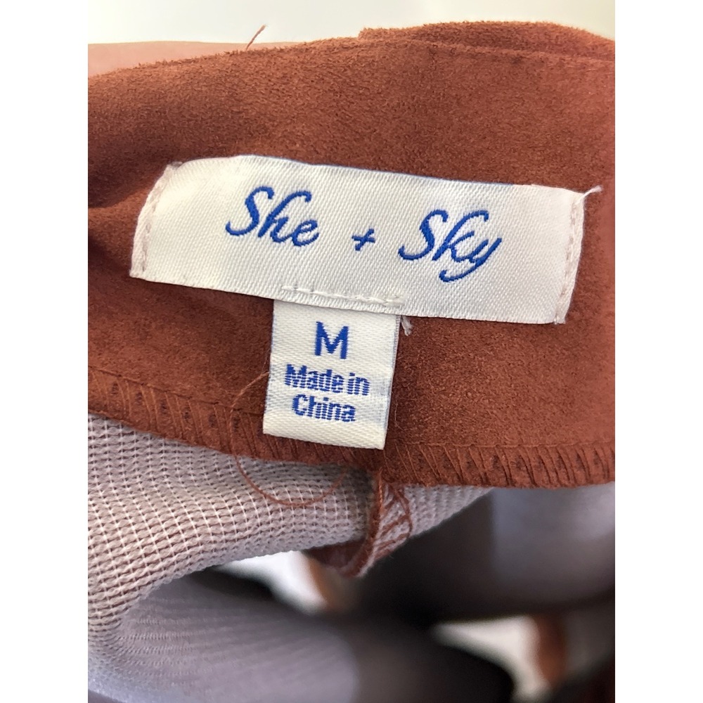 She + Sky Rust Brown Faux Suede Mini Skirt Exposed Back Zipper Slit Size M - Picture 3 of 5